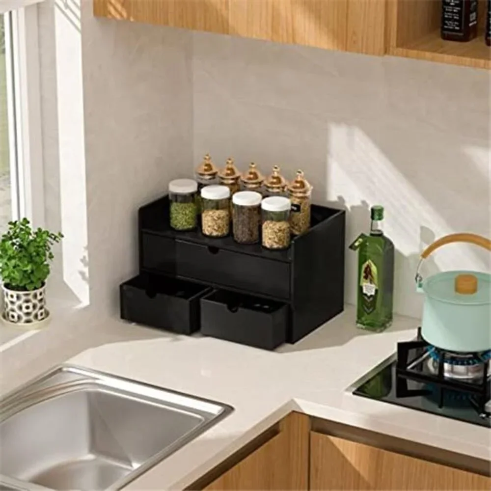 Bamboo Desk Organizer Drawer Desktop Storage Makeup Office Home Black Shelf